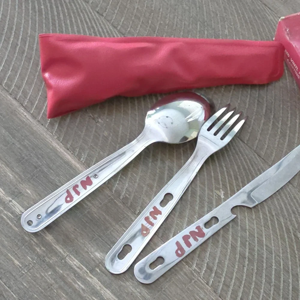 Vintage Girl Scout Hiker's Cutlery Kit Knife Fork Spoon Stainless Steel Red Case